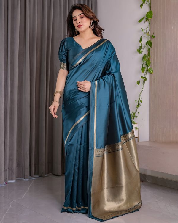 Teal Blue Banarasi Soft Silk Saree With Elegant Zari Border