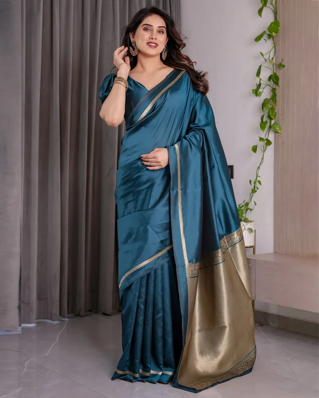 Teal Blue Banarasi Soft Silk Saree With Elegant Zari Border