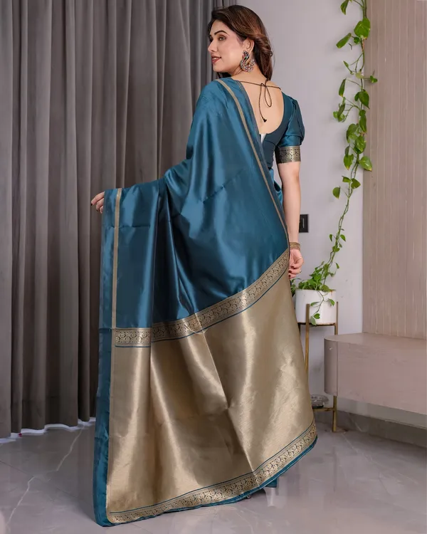 Teal Blue Banarasi Soft Silk Saree With Elegant Zari Border