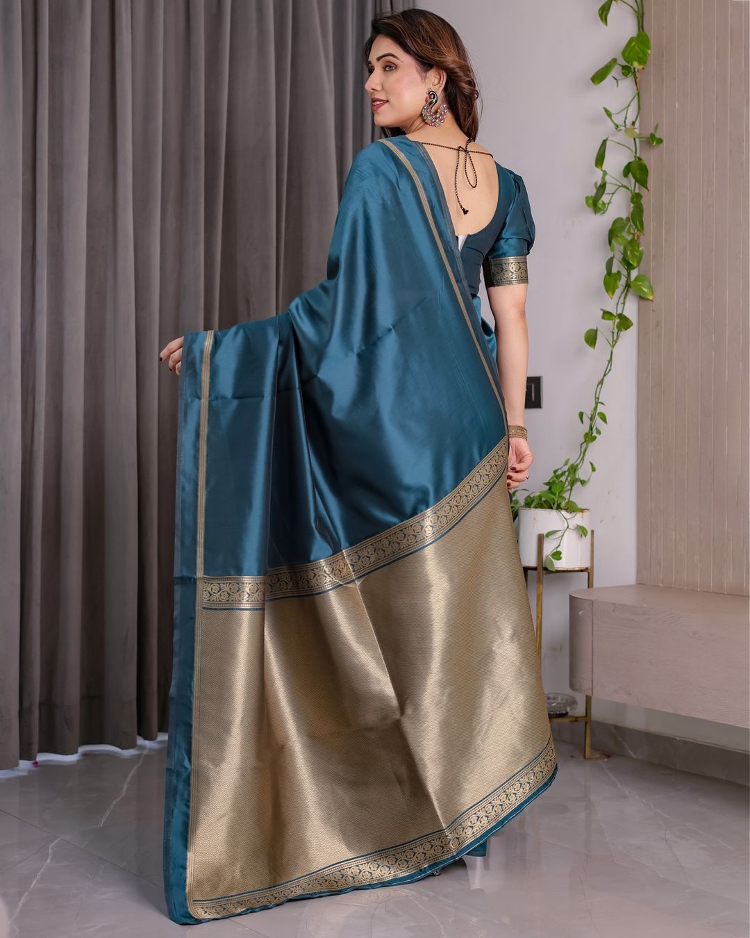 Teal Blue Banarasi Soft Silk Saree With Elegant Zari Border