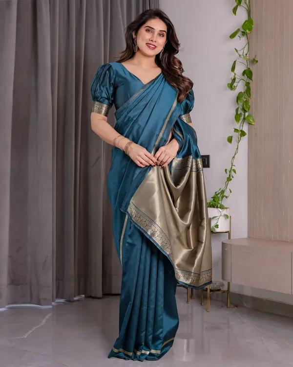 Teal Blue Banarasi Soft Silk Saree With Elegant Zari Border