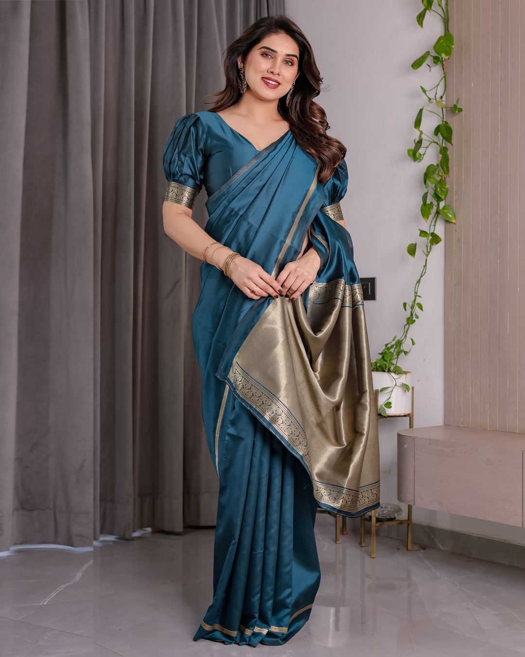 Teal Blue Banarasi Soft Silk Saree With Elegant Zari Border