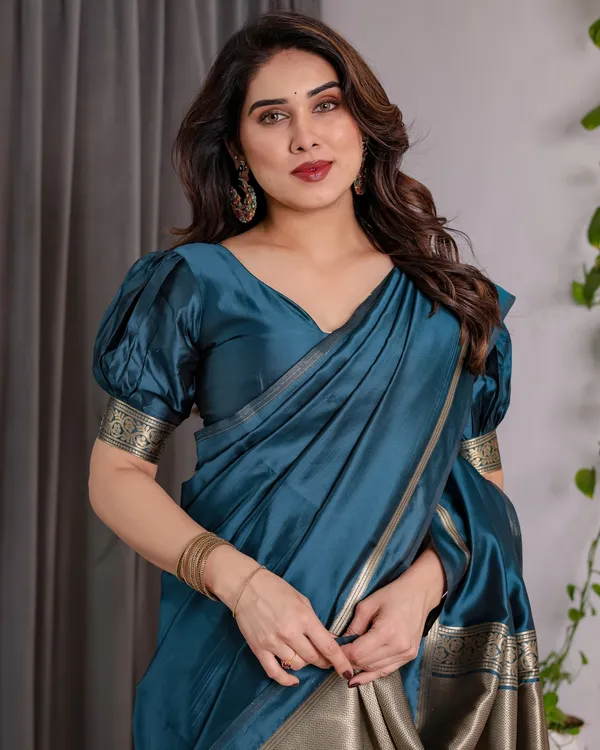 Teal Blue Banarasi Soft Silk Saree With Elegant Zari Border