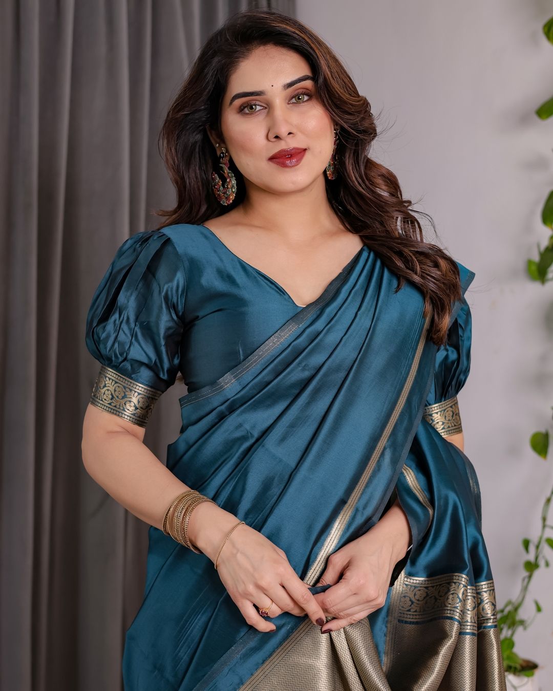 Teal Blue Banarasi Soft Silk Saree With Elegant Zari Border