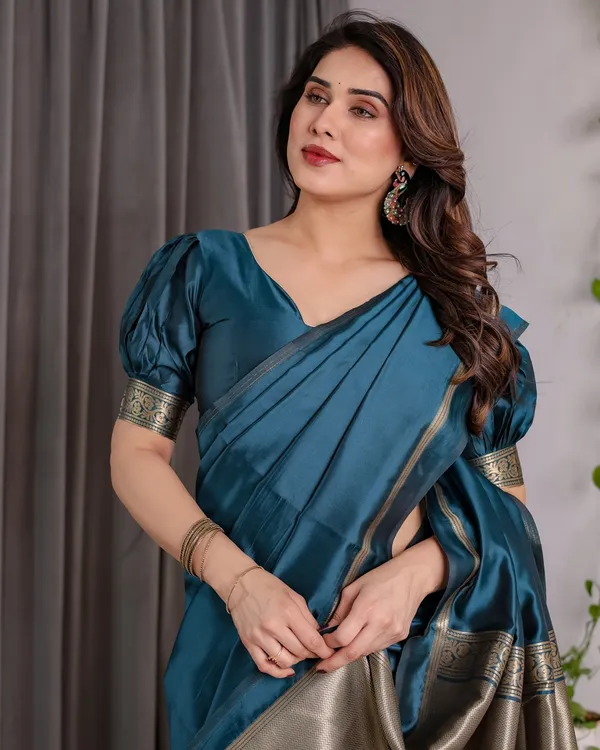 Teal Blue Banarasi Soft Silk Saree With Elegant Zari Border