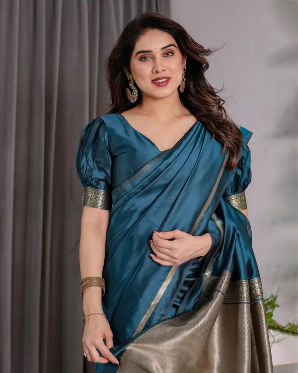 Teal Blue Banarasi Soft Silk Saree With Elegant Zari Border