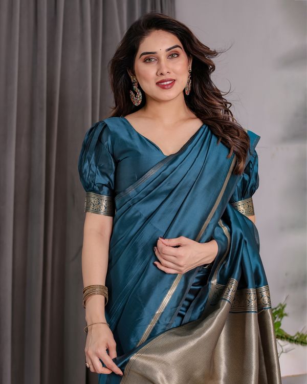 Teal Blue Banarasi Soft Silk Saree With Elegant Zari Border