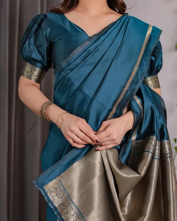 Teal Blue Banarasi Soft Silk Saree With Elegant Zari Border