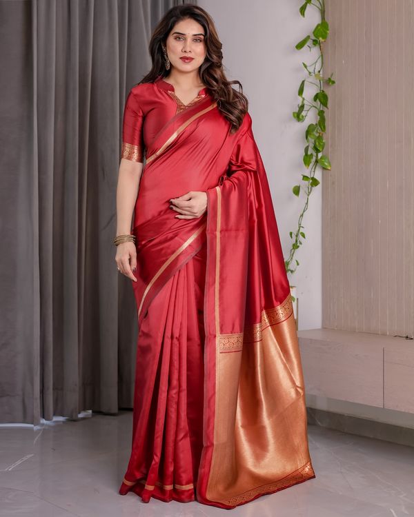 Red Banarasi Soft Silk Saree With Golden Zari Floral Border