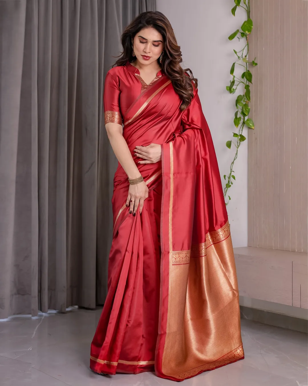 Red Banarasi Soft Silk Saree With Golden Zari Floral Border