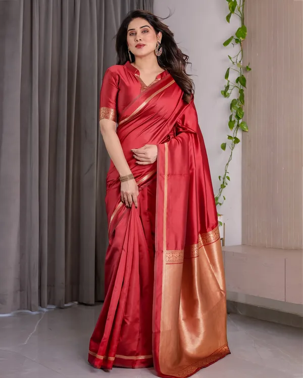 Red Banarasi Soft Silk Saree With Golden Zari Floral Border