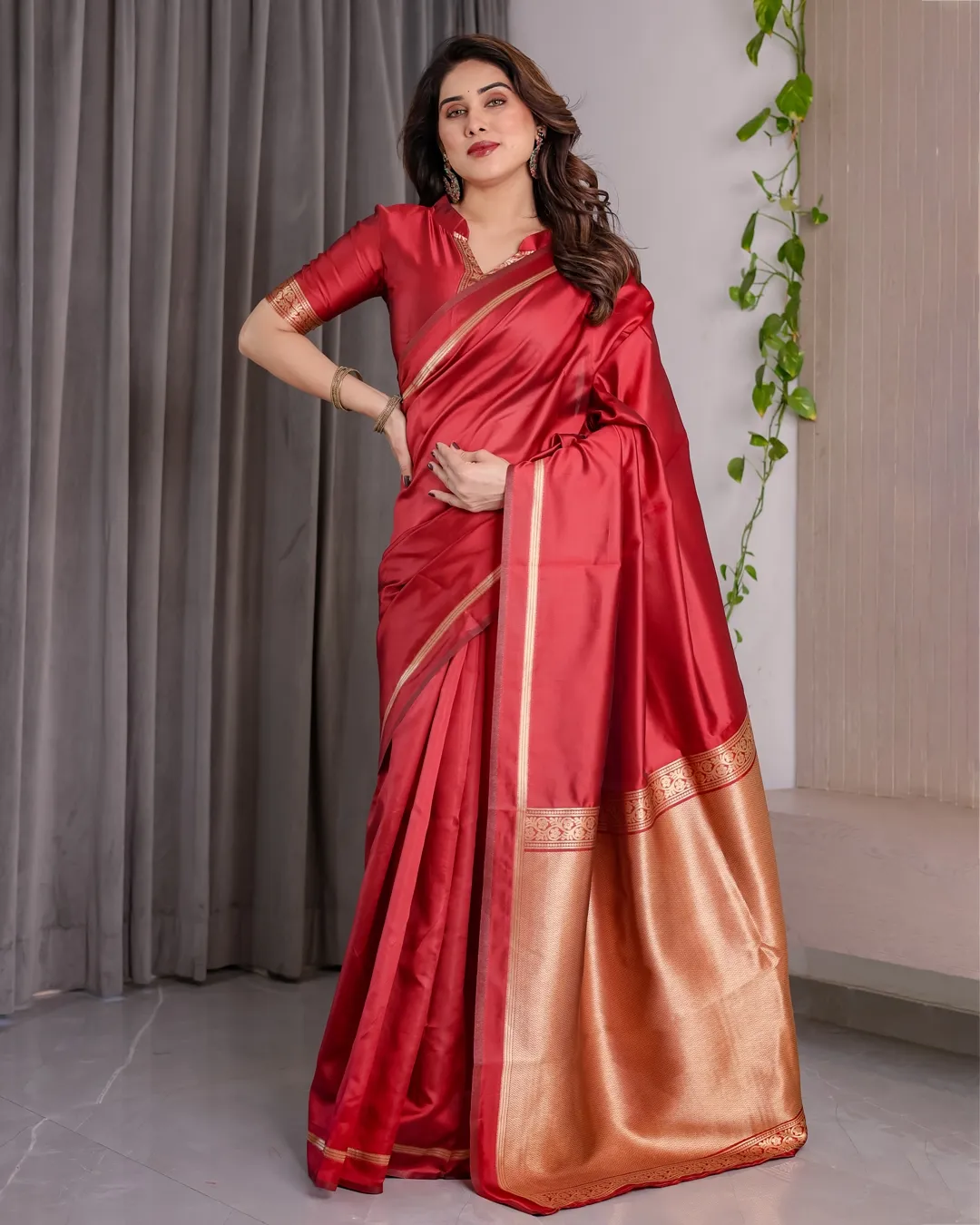 Red Banarasi Soft Silk Saree With Golden Zari Floral Border