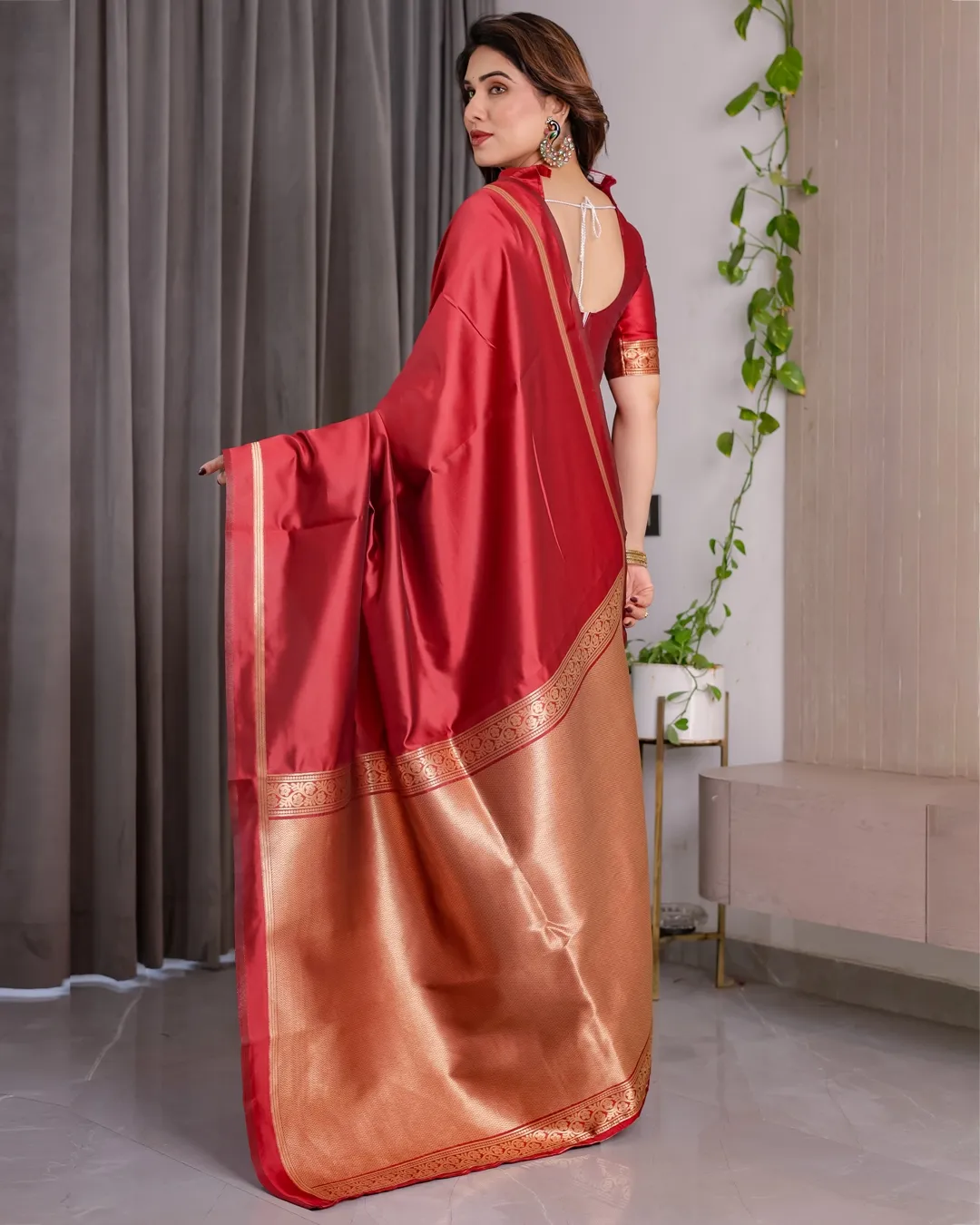 Red Banarasi Soft Silk Saree With Golden Zari Floral Border