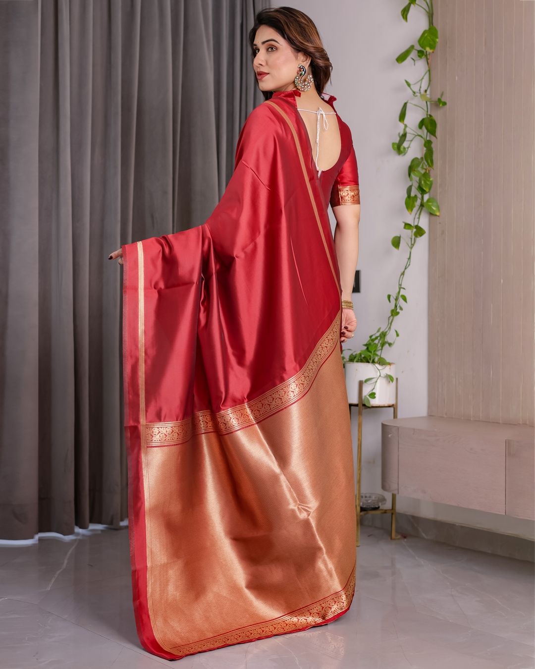 Red Banarasi Soft Silk Saree With Golden Zari Floral Border