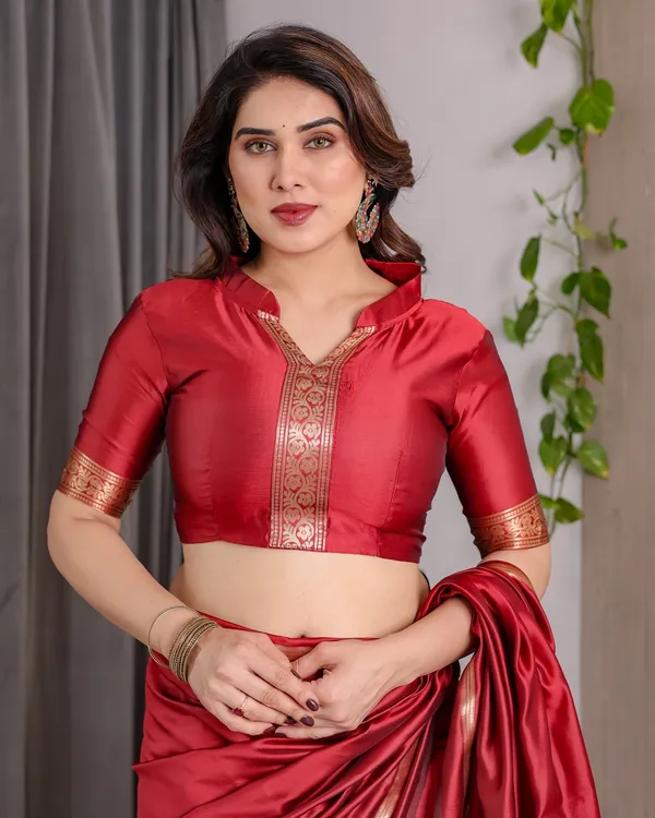Red Banarasi Soft Silk Saree With Golden Zari Floral Border