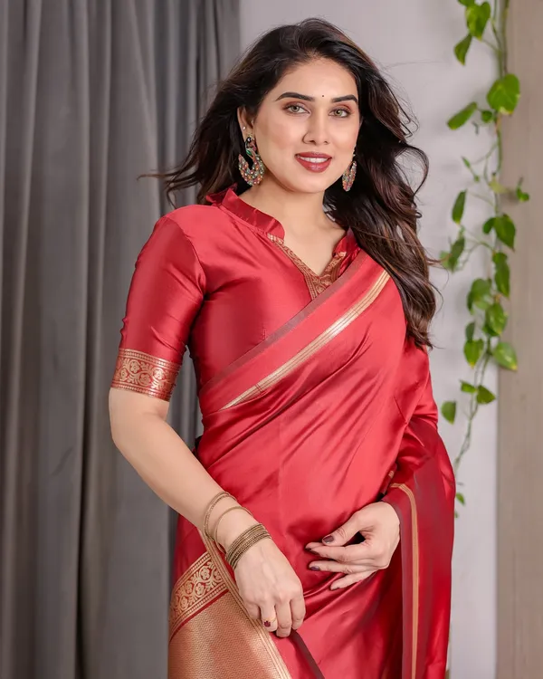Red Banarasi Soft Silk Saree With Golden Zari Floral Border