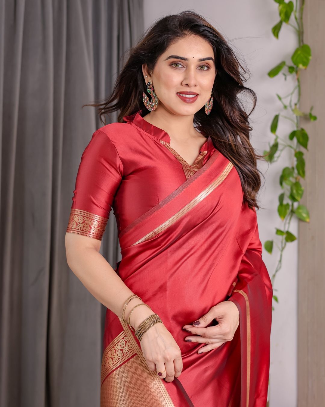 Red Banarasi Soft Silk Saree With Golden Zari Floral Border