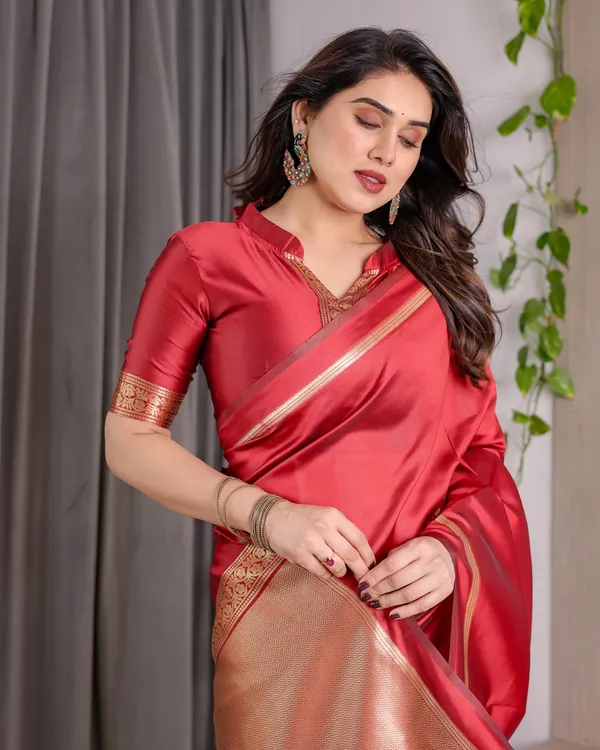 Red Banarasi Soft Silk Saree With Golden Zari Floral Border