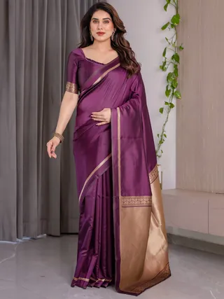 Royal Plum Banarasi Soft Silk Saree with Golden Zari Border