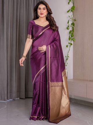 Royal Plum Banarasi Soft Silk Saree With Golden Zari Border