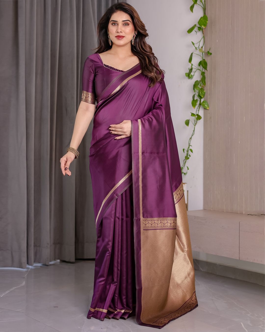 Royal Plum Banarasi Soft Silk Saree With Golden Zari Border