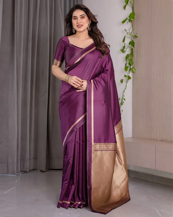 Royal Plum Banarasi Soft Silk Saree With Golden Zari Border