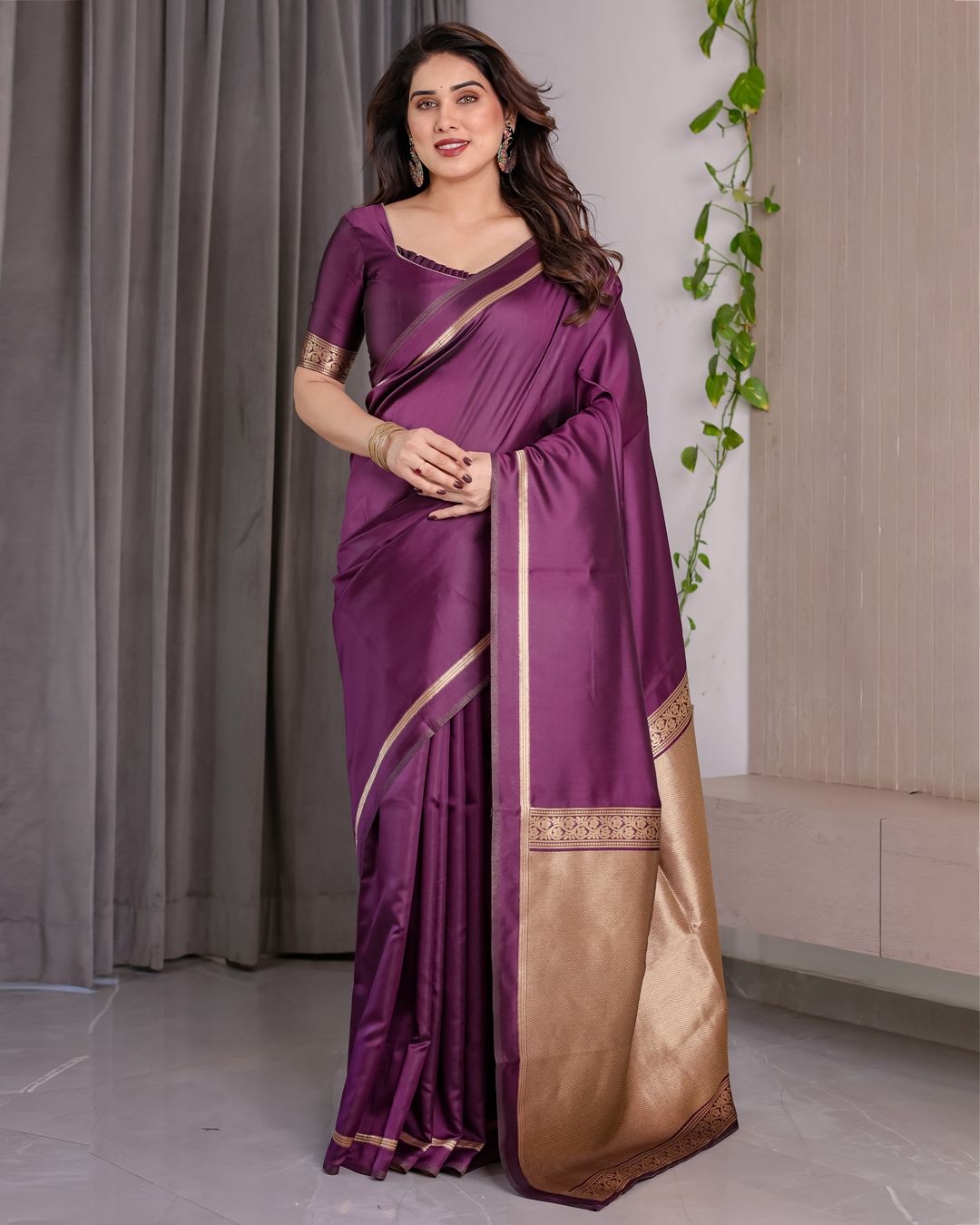 Royal Plum Banarasi Soft Silk Saree With Golden Zari Border