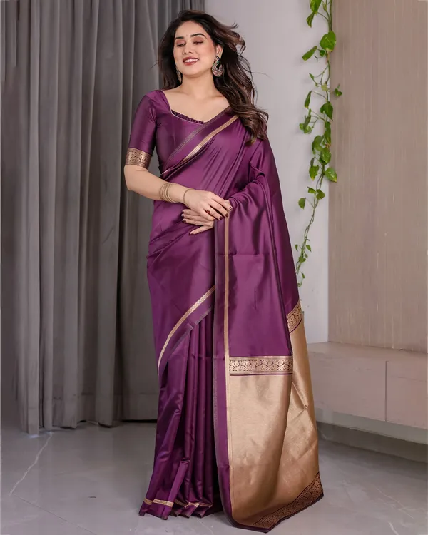 Royal Plum Banarasi Soft Silk Saree With Golden Zari Border