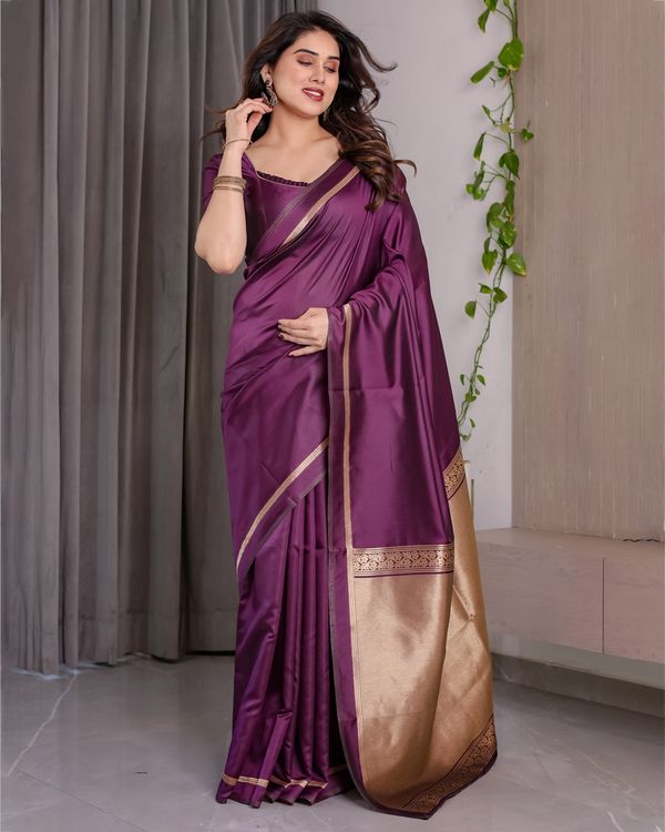 Royal Plum Banarasi Soft Silk Saree With Golden Zari Border