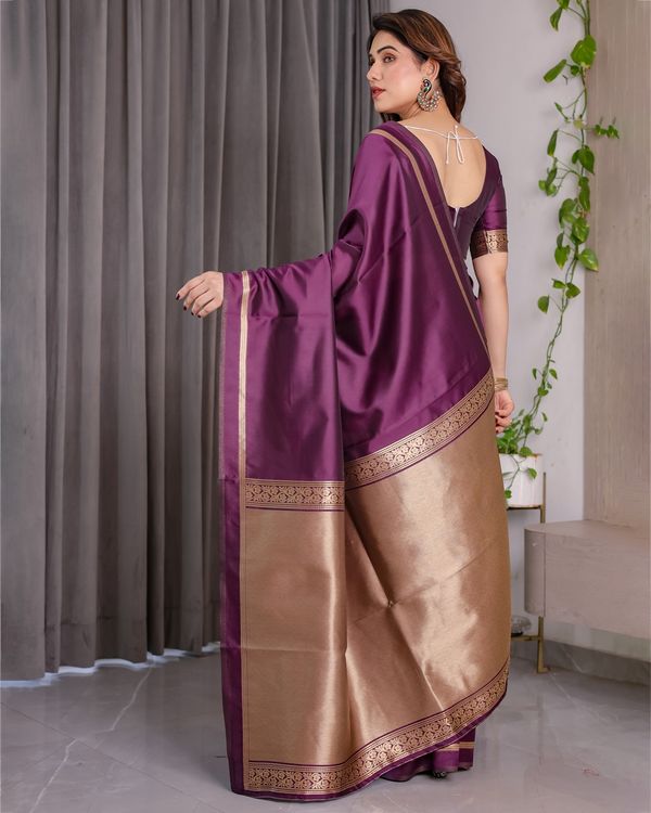 Royal Plum Banarasi Soft Silk Saree With Golden Zari Border