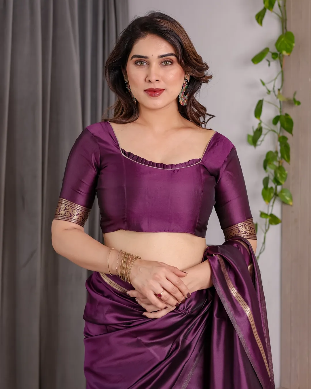 Royal Plum Banarasi Soft Silk Saree With Golden Zari Border