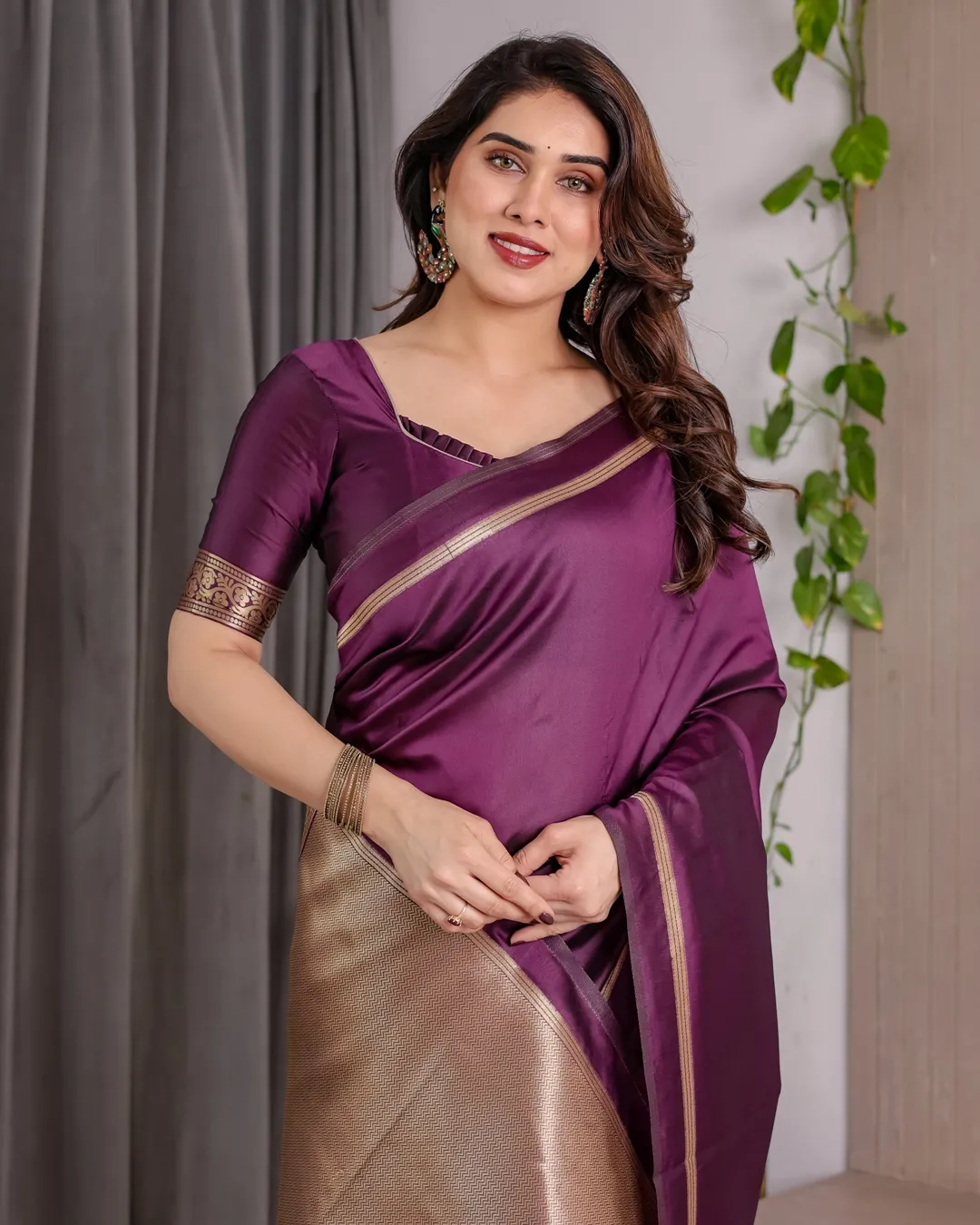 Royal Plum Banarasi Soft Silk Saree With Golden Zari Border