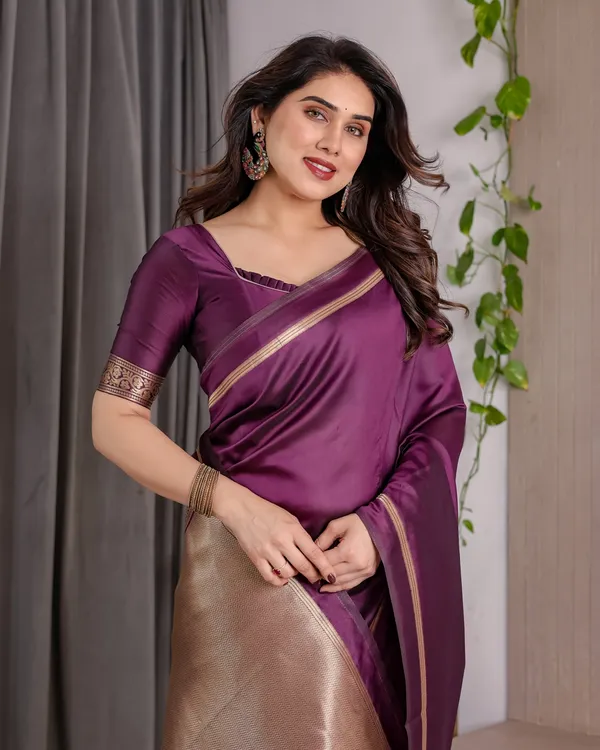 Royal Plum Banarasi Soft Silk Saree With Golden Zari Border