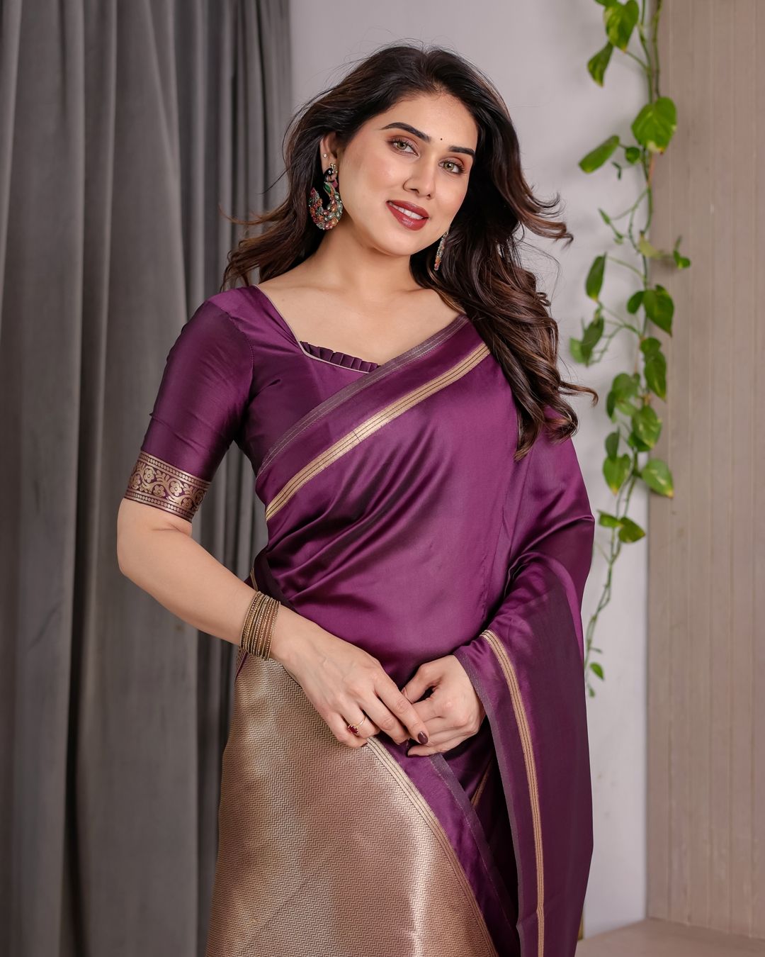 Royal Plum Banarasi Soft Silk Saree With Golden Zari Border