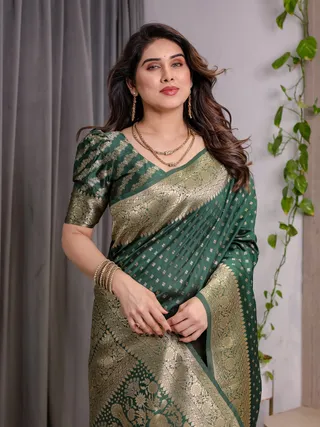 Deep Green Banarasi Soft Silk Saree with Zari Floral Border