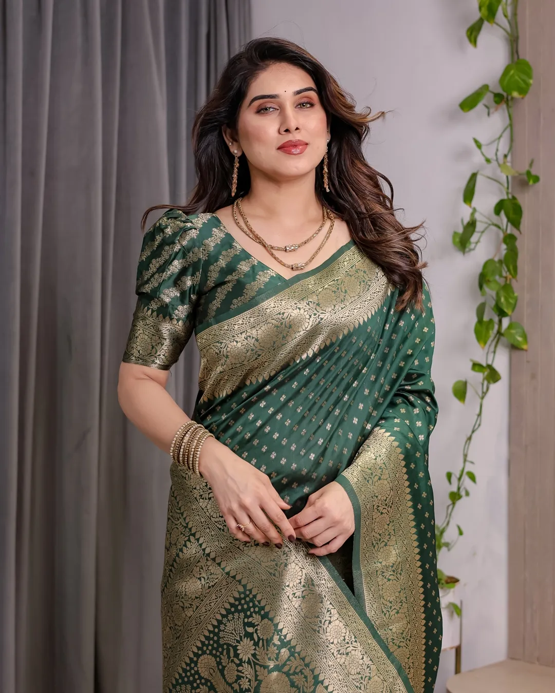 Deep Green Banarasi Soft Silk Saree with Zari Floral Border
