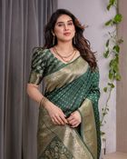Deep Green Banarasi Soft Silk Saree with Zari Floral Border - Green, Bottle Green, Emerald Green, Rama Green, Sea Green, Firozi, Teal, Lime Green, Parrot Green, Forest Green, Jade Green