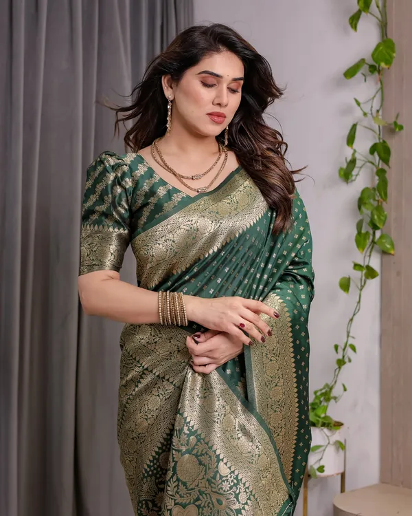 Deep Green Banarasi Soft Silk Saree with Zari Floral Border