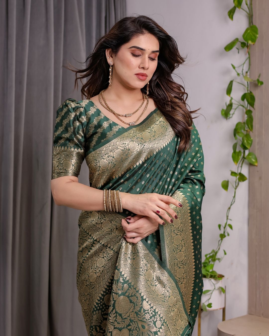 Deep Green Banarasi Soft Silk Saree with Zari Floral Border