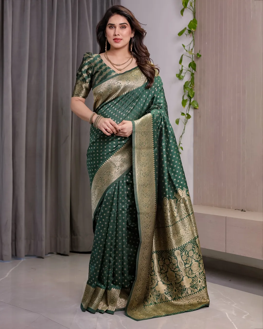 Deep Green Banarasi Soft Silk Saree with Zari Floral Border