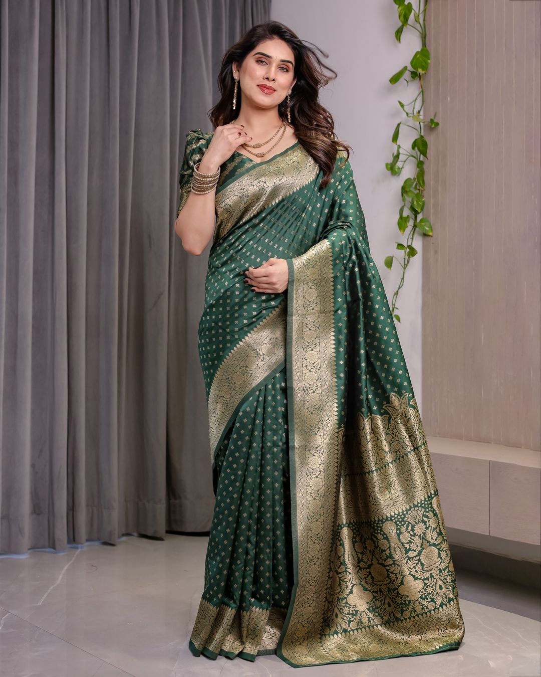 Deep Green Banarasi Soft Silk Saree with Zari Floral Border