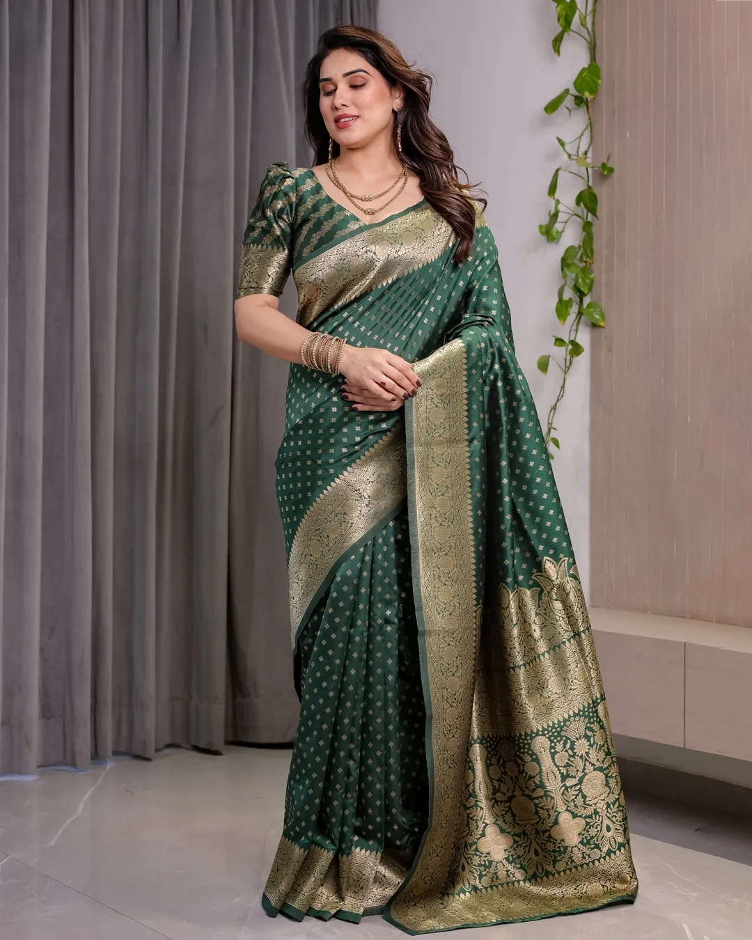 Deep Green Banarasi Soft Silk Saree with Zari Floral Border