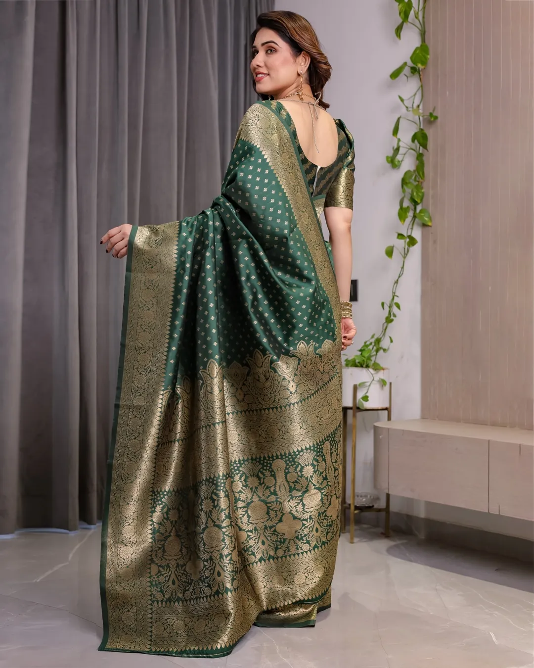 Deep Green Banarasi Soft Silk Saree with Zari Floral Border