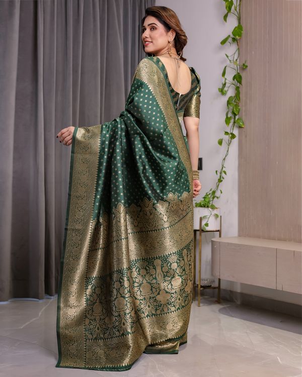Deep Green Banarasi Soft Silk Saree with Zari Floral Border