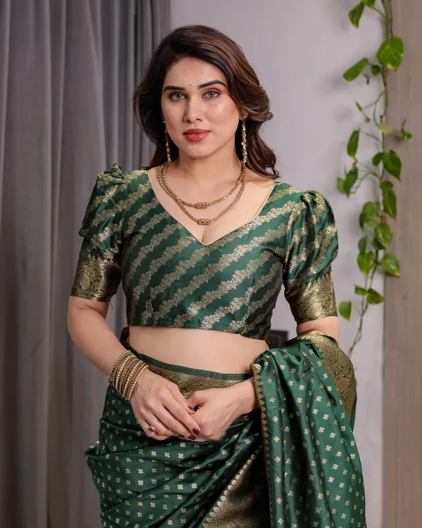 Deep Green Banarasi Soft Silk Saree with Zari Floral Border