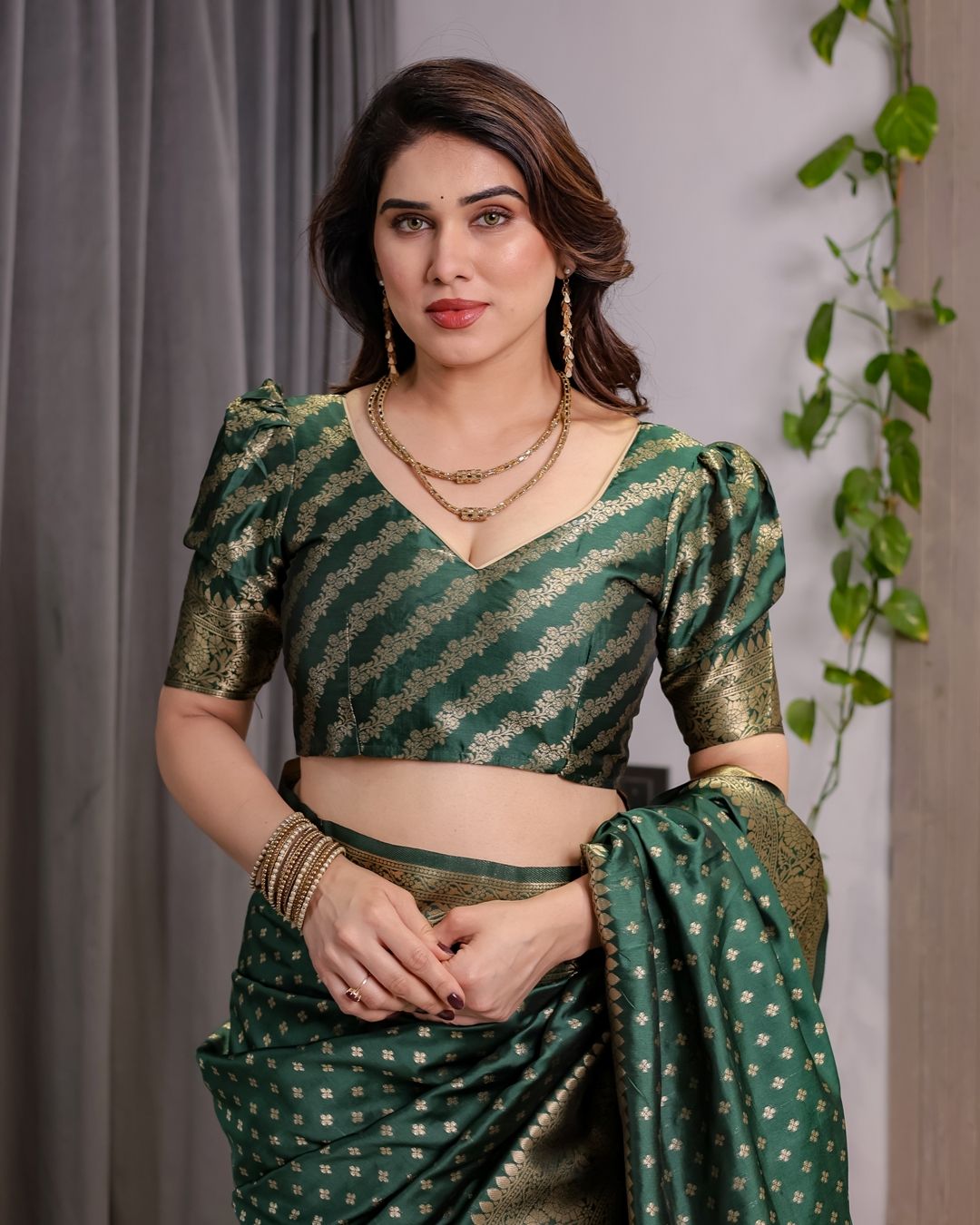 Deep Green Banarasi Soft Silk Saree with Zari Floral Border