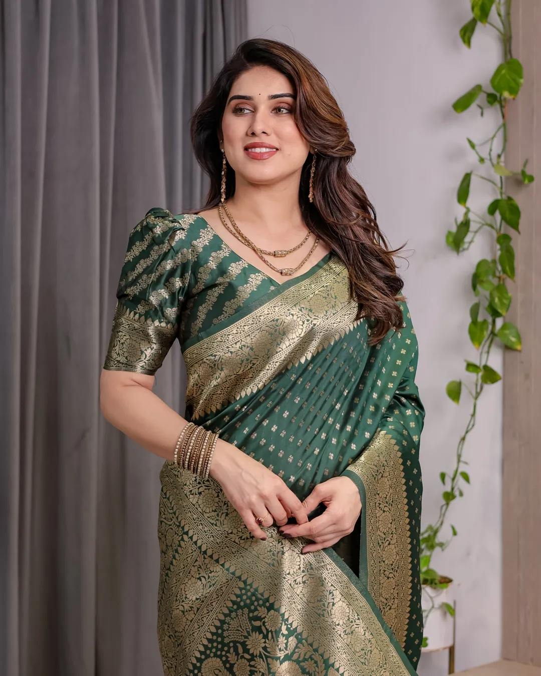 Deep Green Banarasi Soft Silk Saree with Zari Floral Border