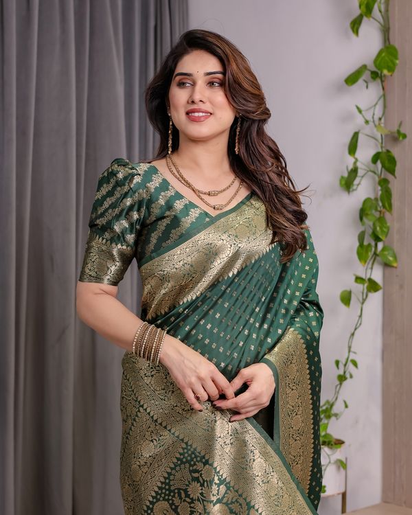 Deep Green Banarasi Soft Silk Saree with Zari Floral Border