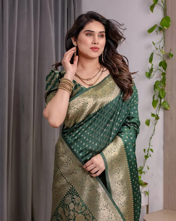 Deep Green Banarasi Soft Silk Saree with Zari Floral Border