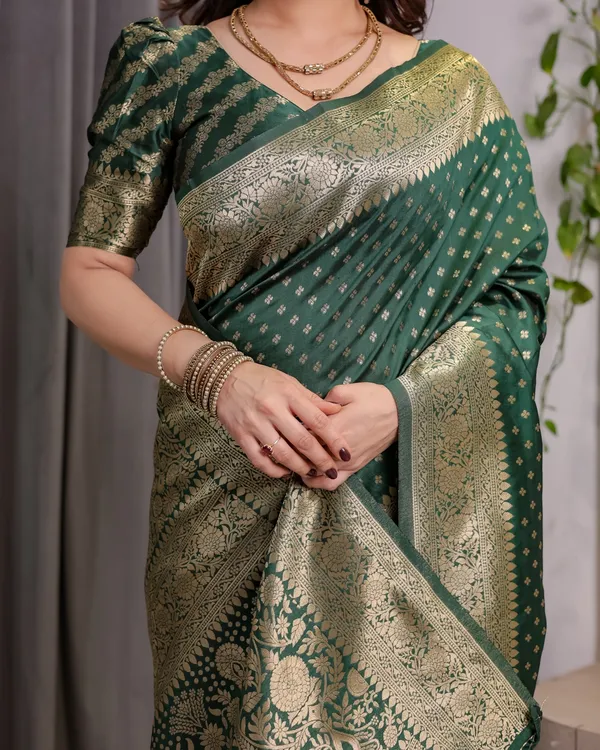 Deep Green Banarasi Soft Silk Saree with Zari Floral Border